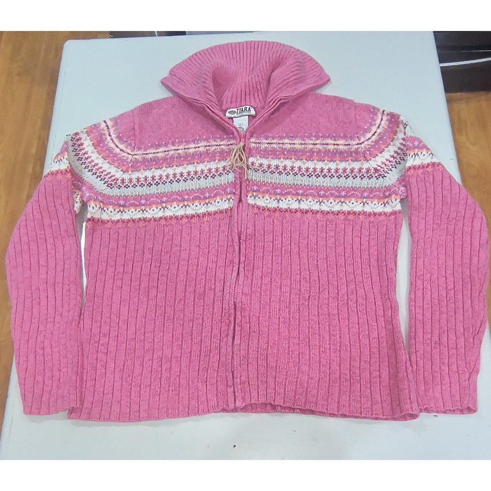 Vintage Tiara International Pink Fair Isle Full Zip Sweater Cardigan Large Y2K